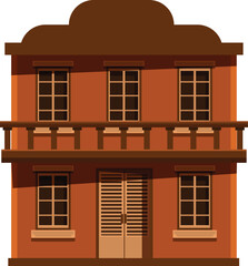 Traditional wild west saloon building with a balcony, bathed in warm sunlight