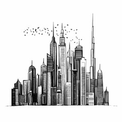 Fototapeta premium Modern Dubai City Skyline Illustration with Skyscrapers and Birds