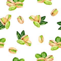 Hand-Painted Watercolor Pistachios and Leaves Seamless Pattern