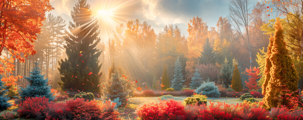 Fototapeta premium Beautiful coniferous garden in the autumn with colourful trees and bushes. Autumnal background.
