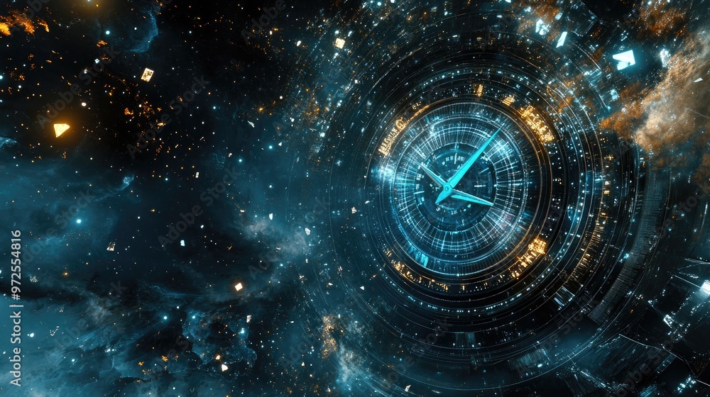 Poster a futuristic computer time clock floating in the vastness of space, surrounded by stars and cosmic e