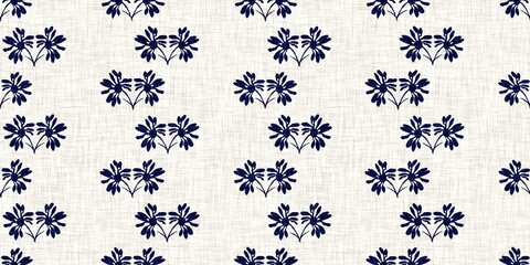 Indigo denim blue leaf motif seamless border. Japanese dye batik fabric style effect print edging swatch. 