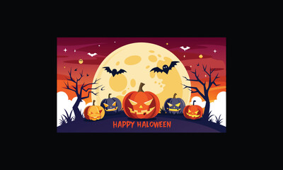 Vector Halloween Scene with Large Full Moon.