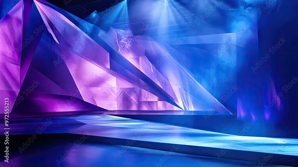 Poster vibrant abstract stage with purple and blue lighting, creating a dynamic atmosphere for performance 