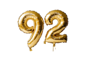 balloon in the shape of the number 92. Gold colored balloons. on background transparent