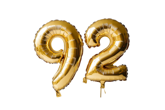 balloon in the shape of the number 92. Gold colored balloons. on background transparent
