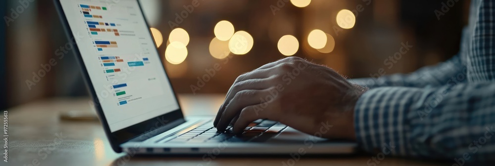 Poster A person typing on a laptop with a blurred background of lights.