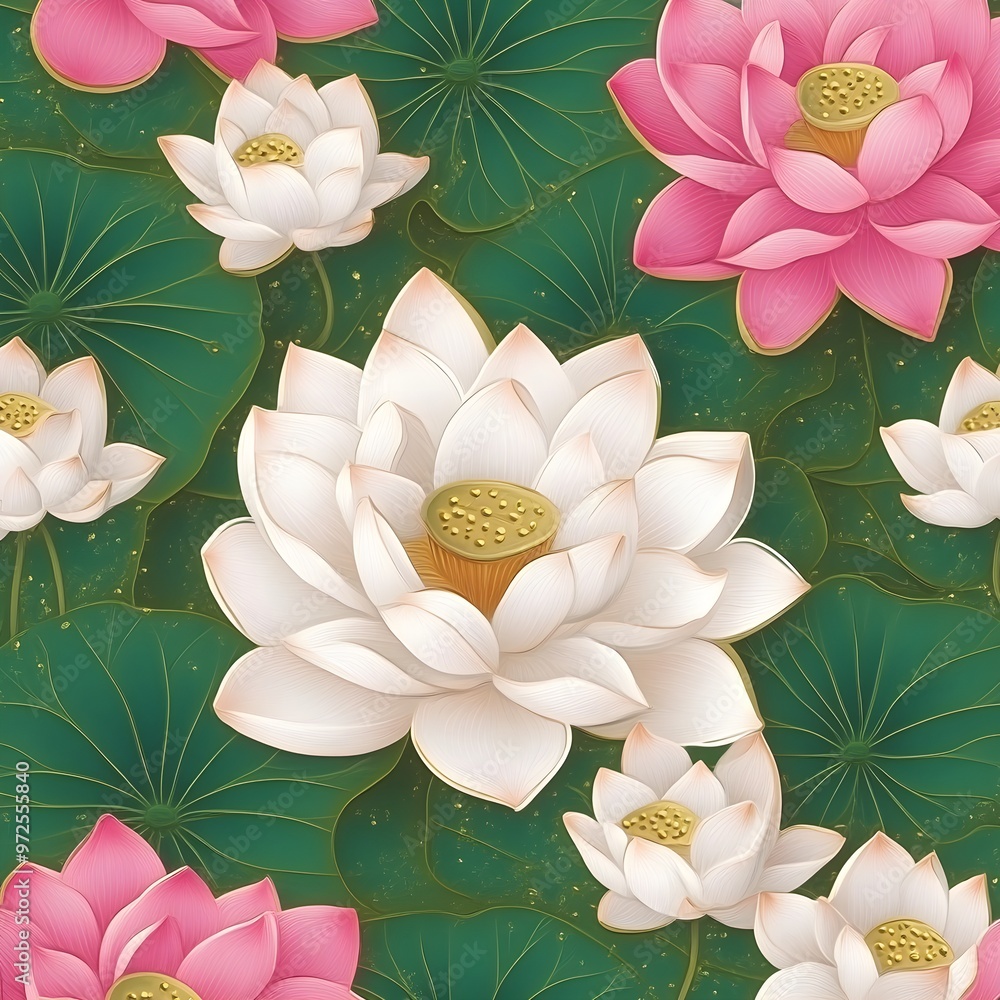 Sticker pink and white lotus flowers on green leaves