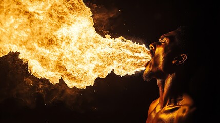 A man breathes fire, his face contorted in concentration as flames erupt from his mouth.