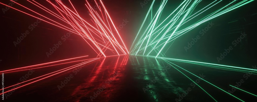 Poster a vibrant display of red and green laser beams cutting through the darkness, creating a dynamic and 