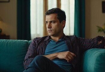 Fototapeta premium Side view portrait of a serious man resting and relaxing sitting on a sofa at home. Ai generated image.