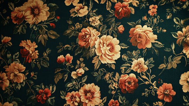 Fototapeta Vintage floral pattern on dark fabric.