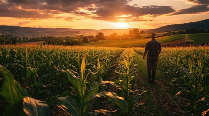 Fototapeta premium A farmer walks through a cornfield at sunset, reflecting on a day’s work.