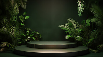 Wooden round empty podium with palm and tropical leaves on green wall background. Product display presentation, advertising, mockup, showcasing.	
