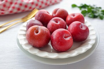 Plum in white plate with fork on white background, healthy fruit