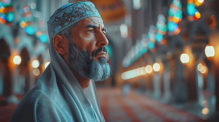 Obraz premium Devout Muslim Man Praying Inside Beautifully Lit Mosque with Stained Glass Windows