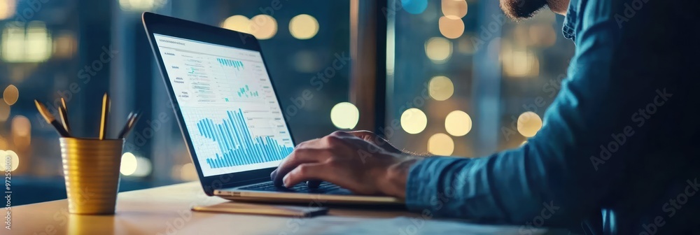 Poster a person working on a laptop displaying data analysis at night with a blurred background.