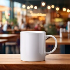 Mock up of white blank coffee mug with blurry coffee shop on background. Copy space