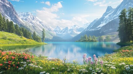 Fototapeta premium Mountainous lake scenery with vivid green meadows, blooming flowers, tranquil blue lake, and majestic mountain backdrop.