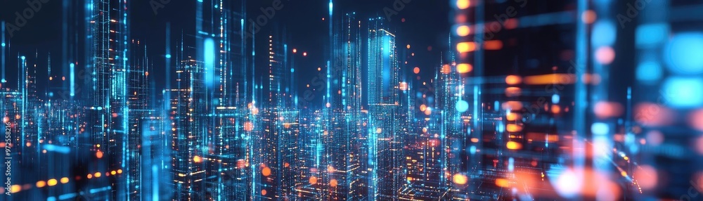 Aufkleber futuristic cityscape with glowing lights and data streams, representing advanced technology and digi