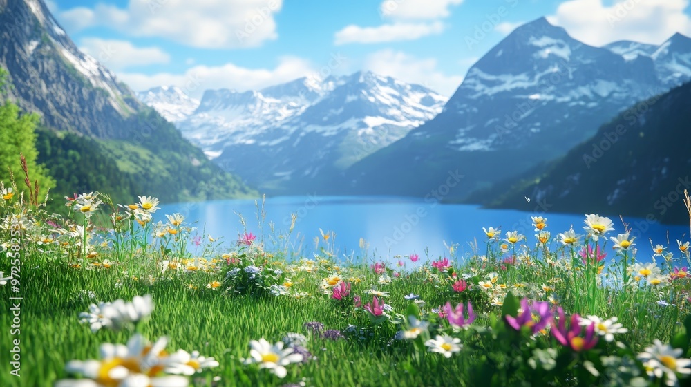 Wall mural mountainous lake scenery with vivid green meadows, blooming flowers, tranquil blue lake, and majesti