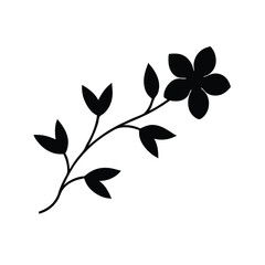 a cute flower branch with leaves, vector silhouette, isolated white background 