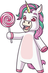 Cute unicorn looking excited as it holds a pink swirl lollipop vector image