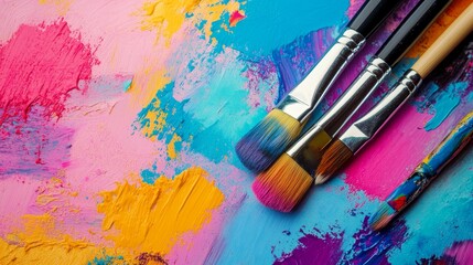 Obraz premium Paintbrushes and paint palette rest upon a vibrantly colored surface, seen from above.