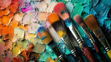 Fototapeta premium Paintbrushes and paint palette rest upon a vibrantly colored surface, seen from above.