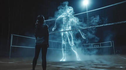 A person observes a holographic volleyball player on a court at night, illuminated by a single overhead light source