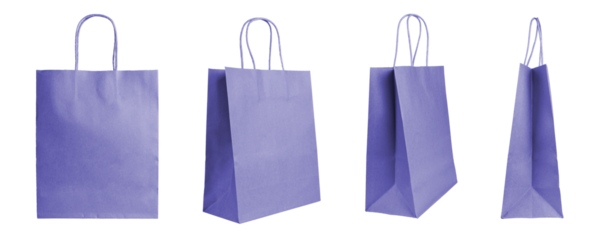 Set of different angles blank purple craft paper bags isolated on white, transparent background. Eco friendly shopping bag made from recycled paper, recycling concept. Mockup, template, copy space