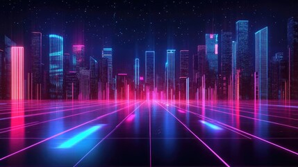 Fototapeta premium Futuristic cityscape with glowing neon lights, showcasing vibrant colors and a dynamic skyline under a starry night.