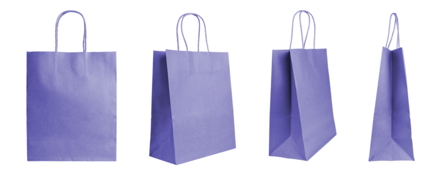 Set of different angles blank purple craft paper bags isolated on white, transparent background. Eco friendly shopping bag made from recycled paper, recycling concept. Mockup, template, copy space