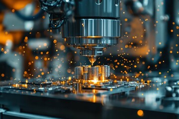 Metal Cutting. CNC machine tool cutting metal with sparks manufacturin