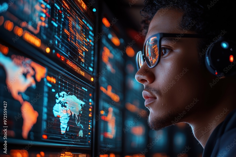 Aufkleber a tech worker in a server room with global data displayed on screens, representing america's influen