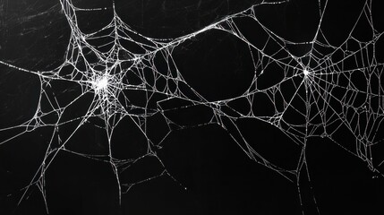 Scary spider webs. White cobweb silhouette isolated on black background. Set of doodle spider webs. Hand drawn cob webs for Halloween party.