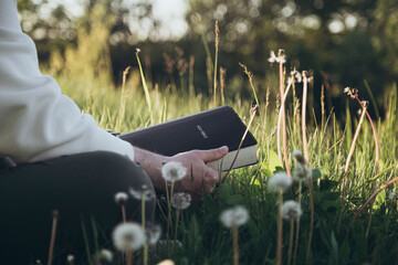 Man engaging with the Bible in a serene outdoor setting