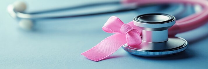 A stethoscope adorned with a pink ribbon on a soft blue background, symbolizing health awareness.
