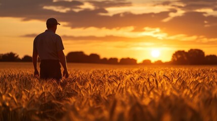 A silhouette of a person standing in a wheat field during a sunset.