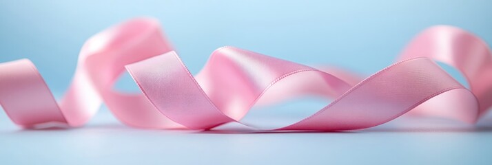 A delicate pink ribbon elegantly draped against a soft blue background.