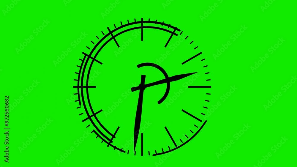 Poster black watch face with rotating hands on green background. 3d render. looped animation