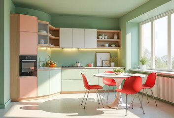 Fototapeta premium bright kitchen in classic style light green and red color