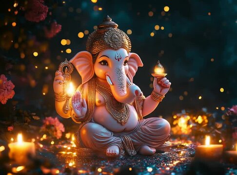 Illuminated Ganesha Statue Amidst Candles and Bokeh Lights