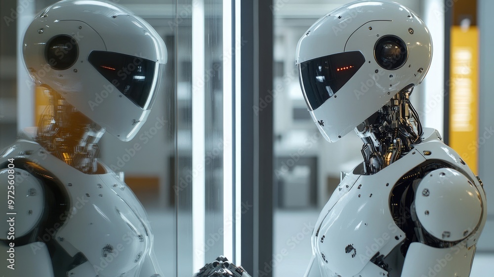 Poster a humanoid ai robot examines its reflection in a glass panel in a modern science lab, amidst advance