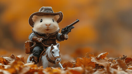 A small rodent dressed as a cowboy rides a horse through colorful autumn leaves in a whimsical outdoor setting