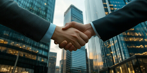 A close up of hands shaking in front of tall skyscrapers, symbolizing business agreement or partnership in an urban setting
