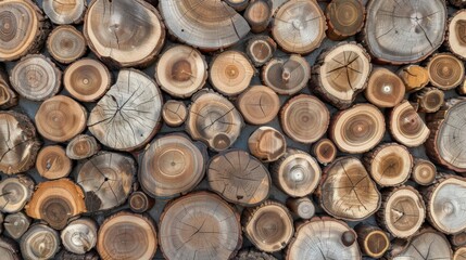 pile of naturial log round teak wood tree stump texture background pattern use for interior wall decoration