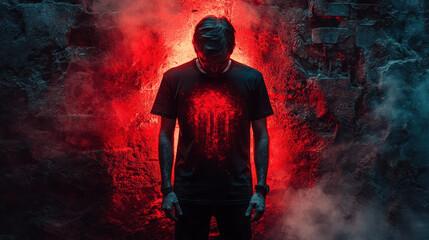 Obraz premium A person wearing a dark shirt stands in a smoky, illuminated environment with red lighting against a textured wall in an urban setting