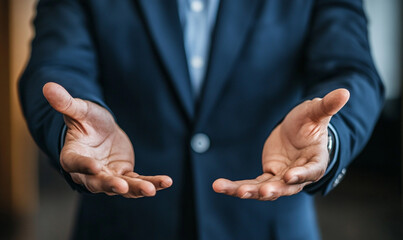 Fototapeta premium A businessman in suit with open hands, suggesting an inviting or welcoming gesture