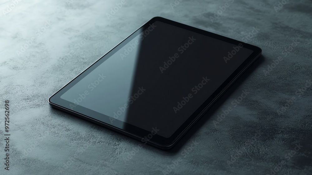 Poster a black tablet computer with a blank screen on a concrete surface.